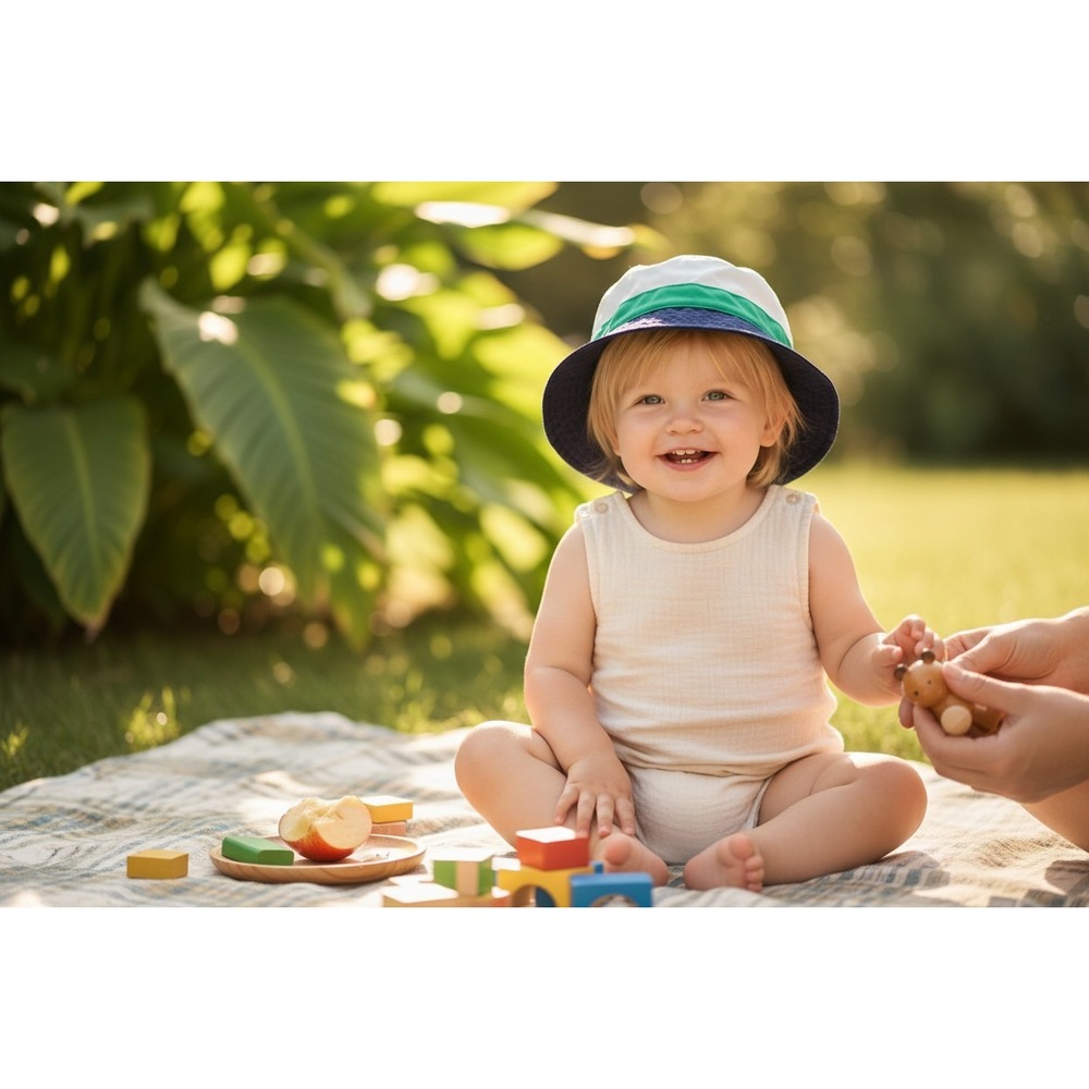 Just One You Bucket Hat Baby 12-18M Blue Green White Very Good Sun Protection
